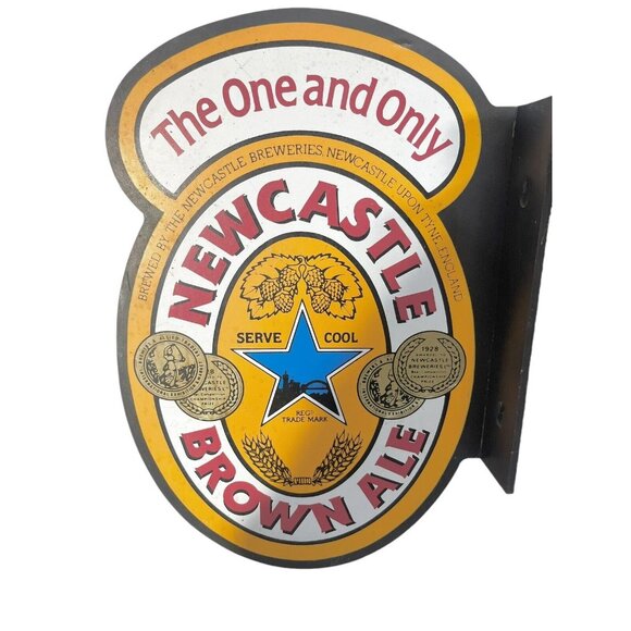 VTG NEWCASTLE BROWN ALE The One and Only Wood Beer Sign Hangs Perpendicularly - Picture 4 of 8